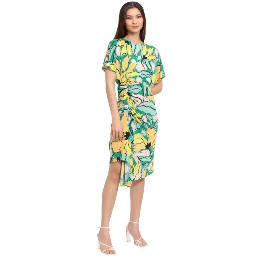 Maggy London | Floral Print Jersey Dress in Jade Green/ Golden Yellow NEW